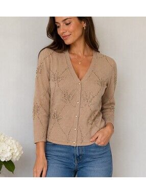 Cache Vintage Cashmere Wool Blend Beaded Cardigan Sweater Large Tan Embellished